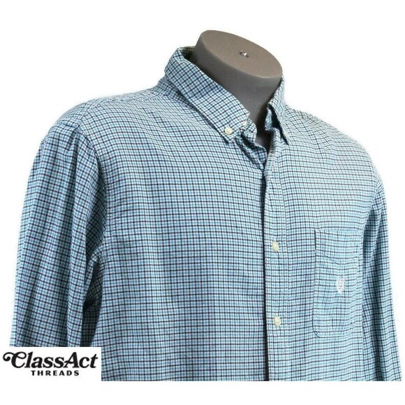 Chaps Shirt Mens Teal Blue Checked Long Sleeve Button Down Cotton Sz L - Picture 2 of 6